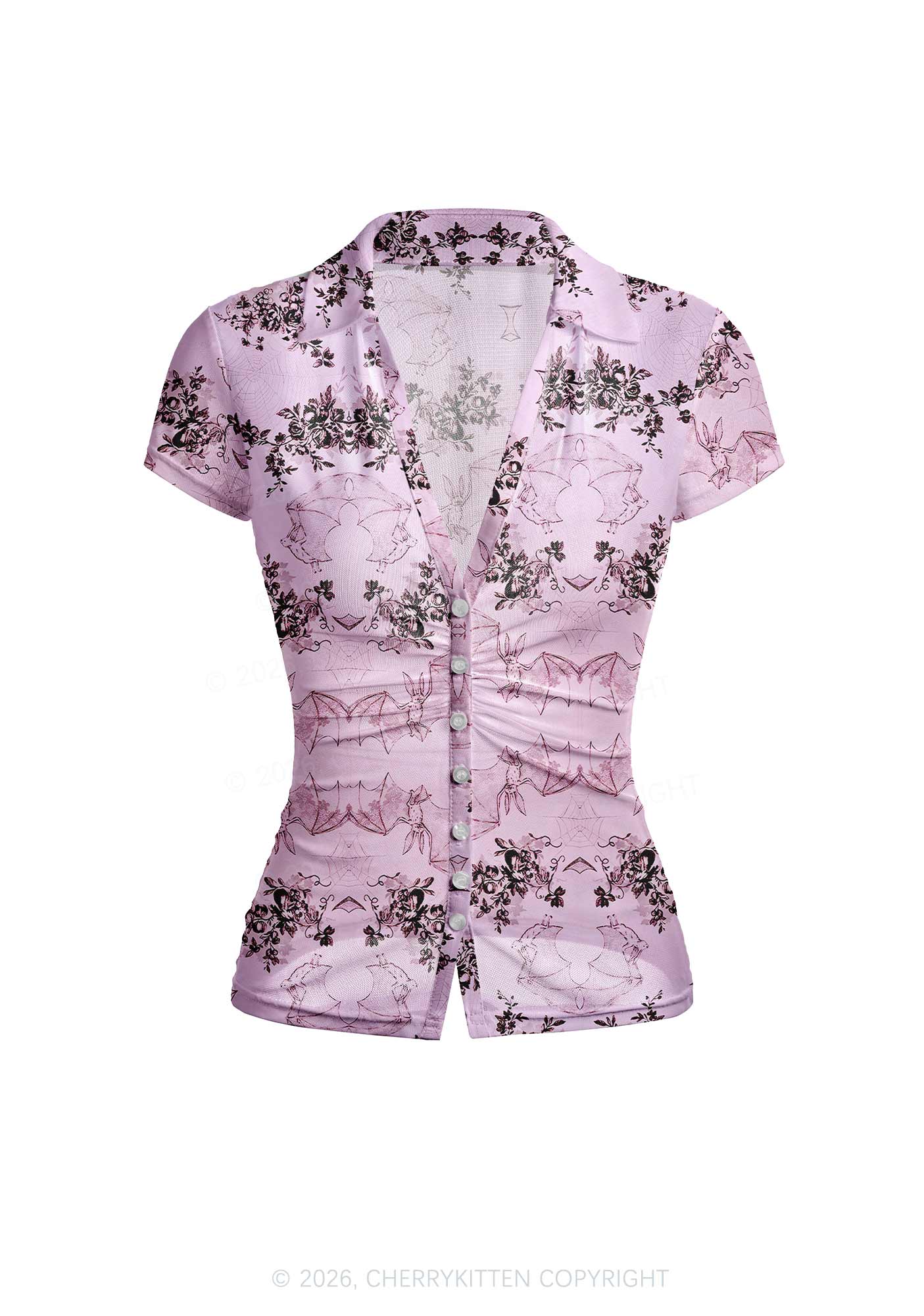 Pink Bat Y2K Mesh Ruched Waist V Neck Top Cherrykitten