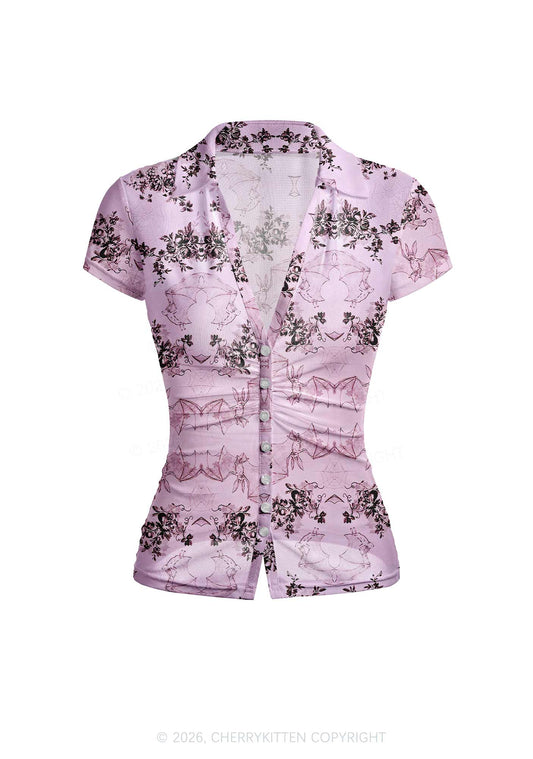 Pink Bat Y2K Mesh Ruched Waist V Neck Top Cherrykitten