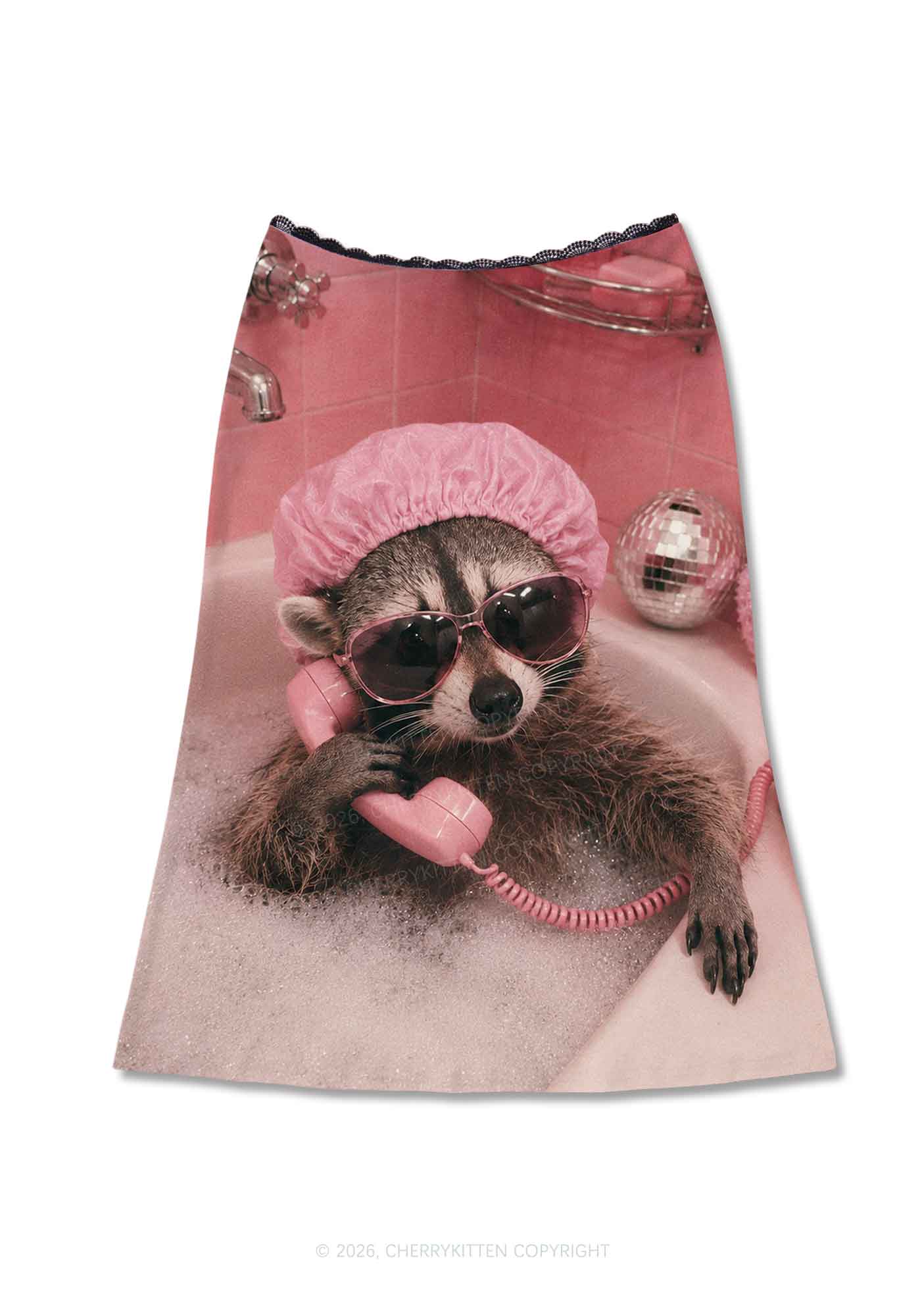 Pink Spa Raccoon Y2K Print Midi Skirt Cherrykitten