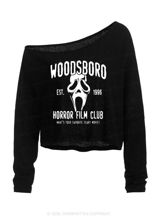 Horror Film Club Halloween Y2K Off Shoulder Long Sleeve Crop Top Cherrykitten