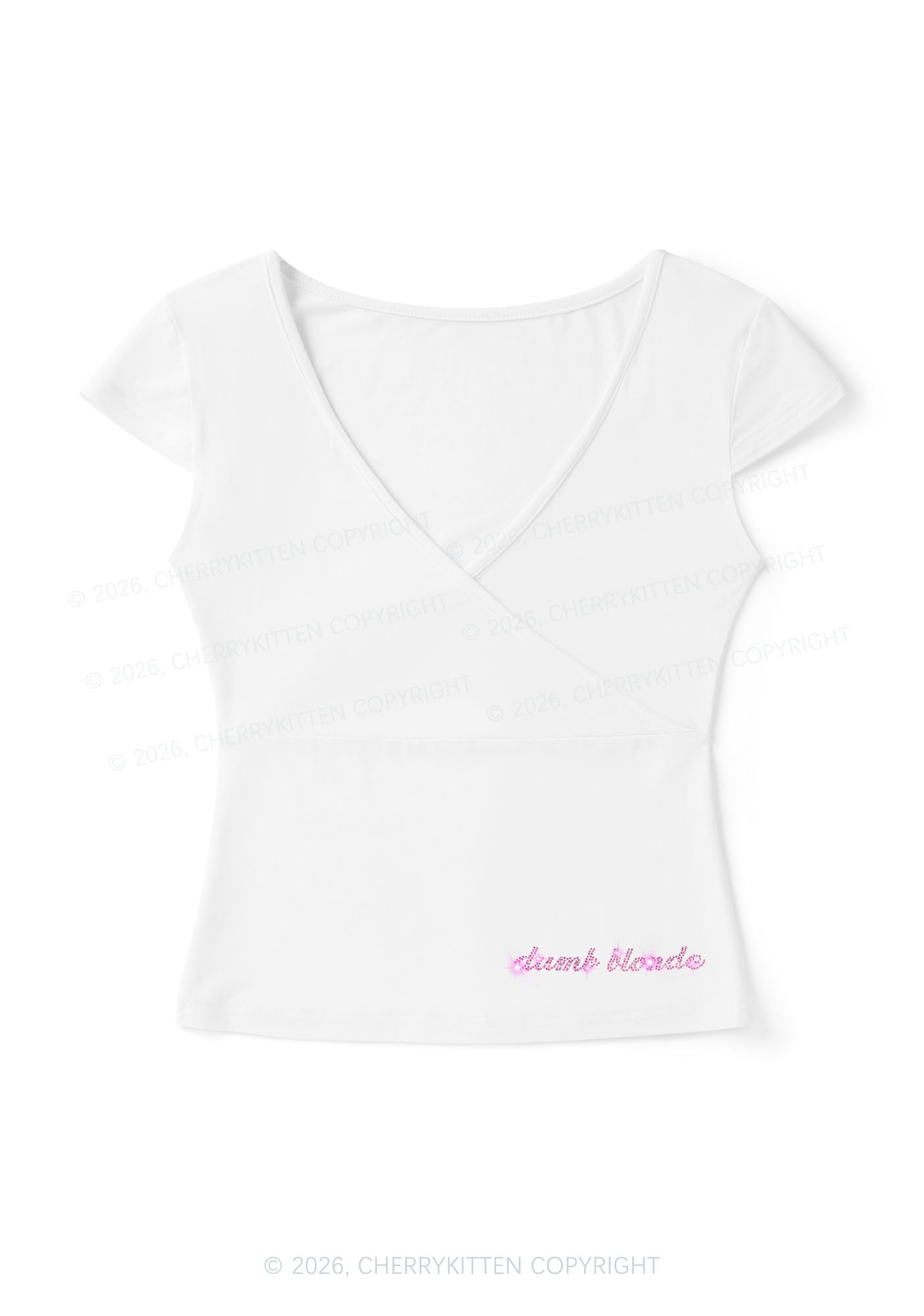 Rhinestone Pink Dumb Blonde Y2K Wrap V Neck T Shirts Cherrykitten