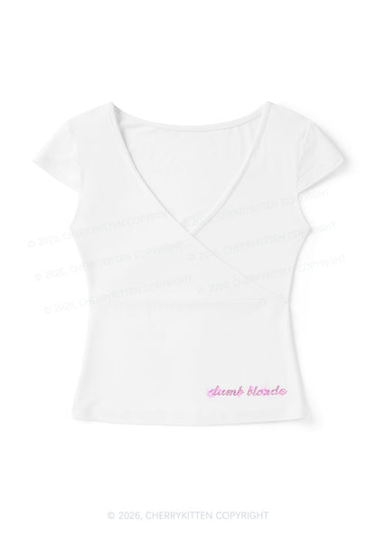 Rhinestone Pink Dumb Blonde Y2K Wrap V Neck T Shirts Cherrykitten