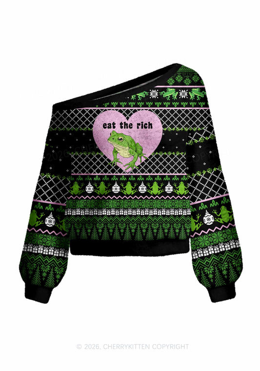 Eat The Rich Frog Y2K Off Shoulder Knit Sweatshirt Cherrykitten