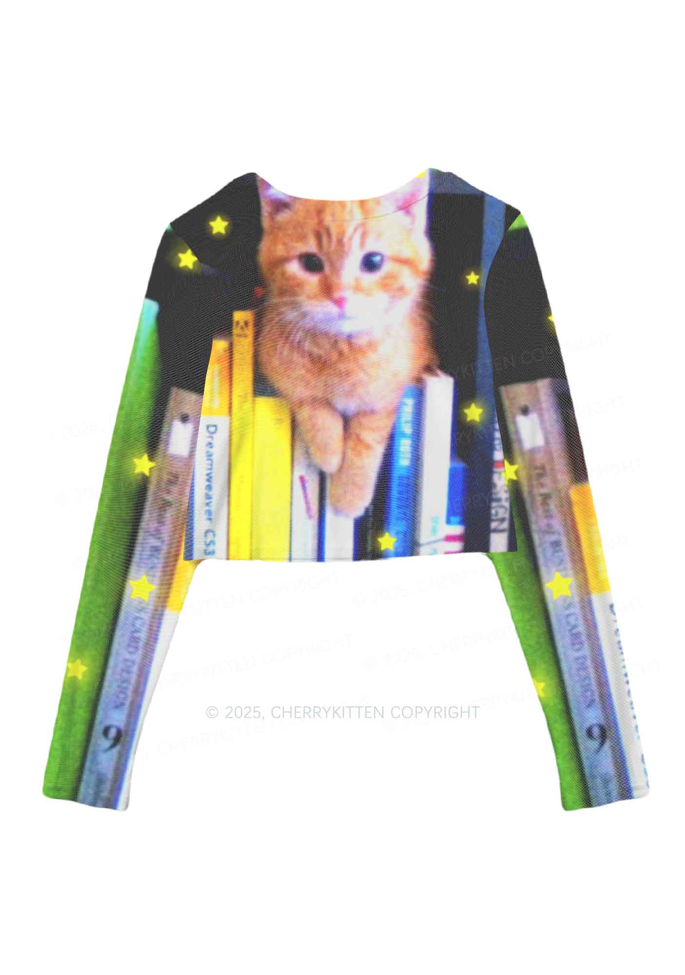 Feline Bookworm Y2K Mesh Long Sleeve Crop Top Cherrykitten