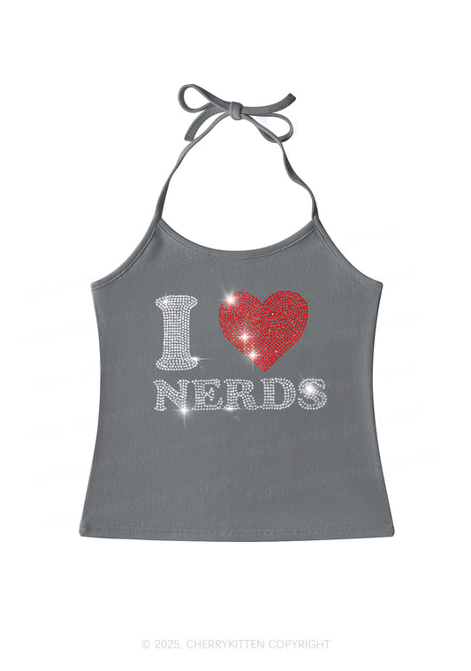 Rhinestone I Love Nerds Y2K Halter Neck Cami Cherrykitten