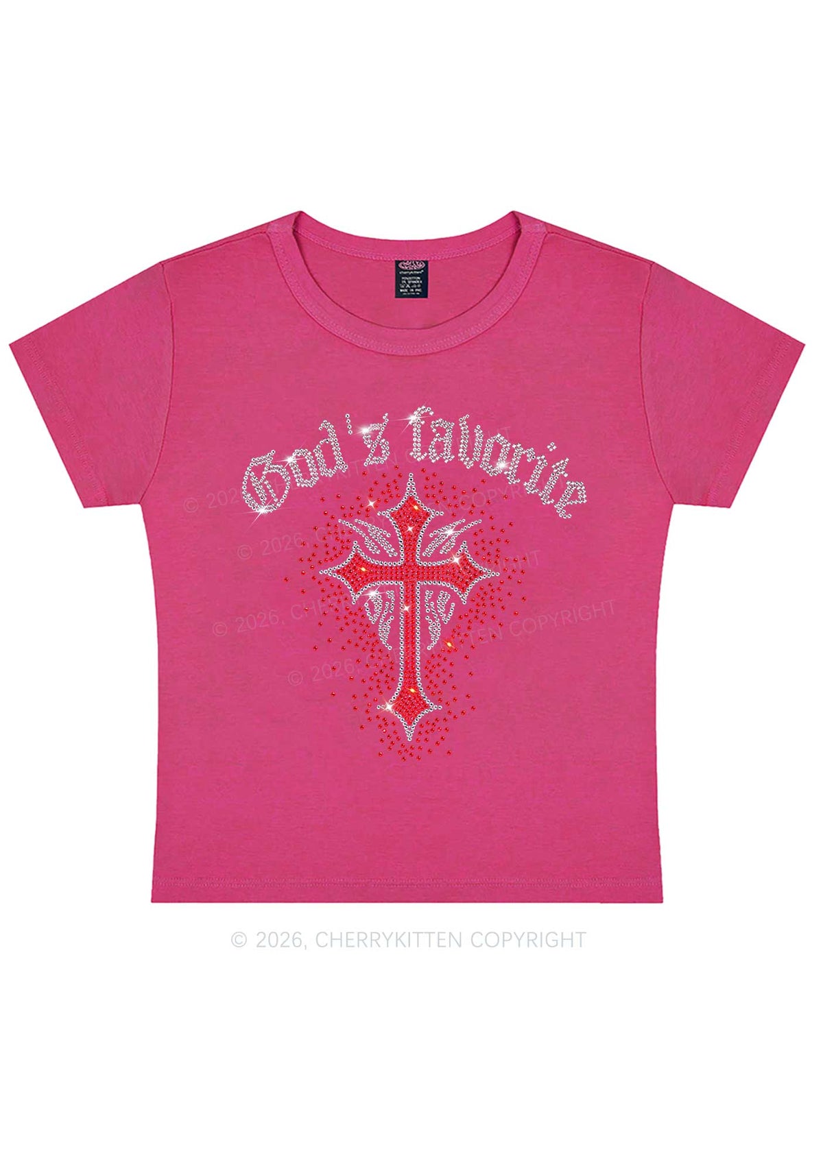 Rhinestone Gods Favorite Cross Y2K Baby Tee Cherrykitten