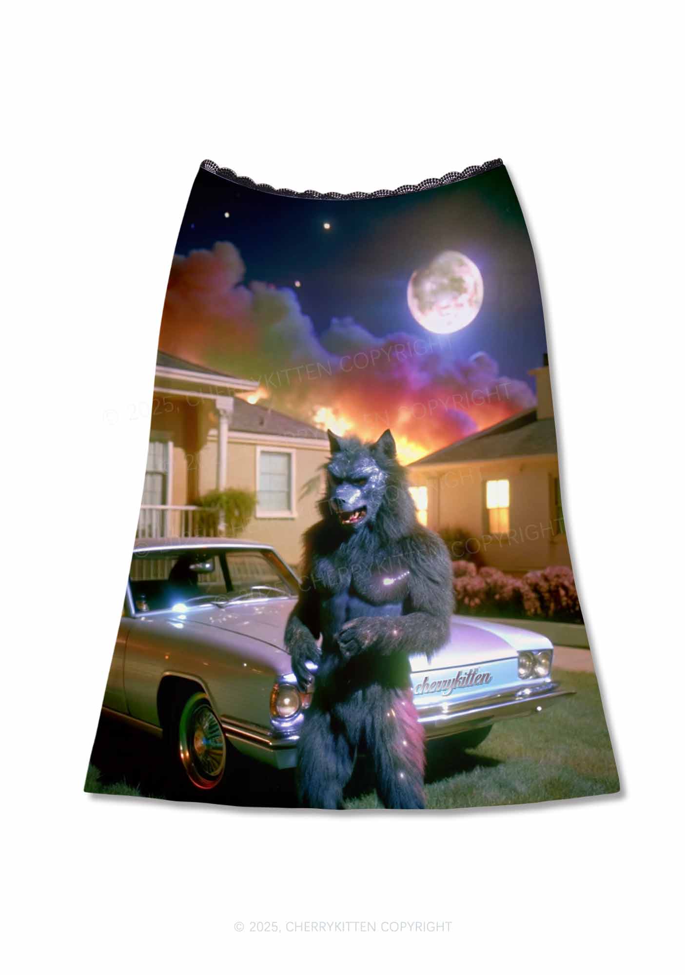 Halloween Moonlight Werewolf Y2K Print Midi Skirt Cherrykitten