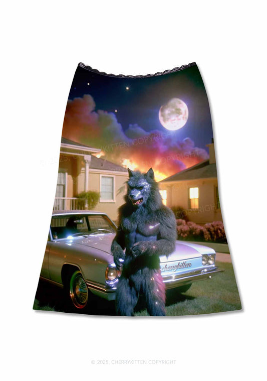 Halloween Moonlight Werewolf Y2K Print Midi Skirt Cherrykitten