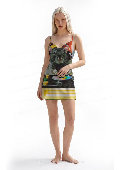DJ Rat Duck Y2K Print Satin Cowl Neck Slip Dress Cherrykitten