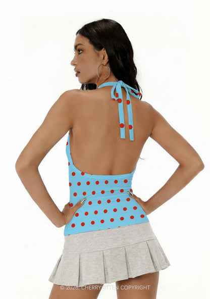 Red Dots On Blue Y2K Print Halter Deep V Neck Cami Cherrykitten