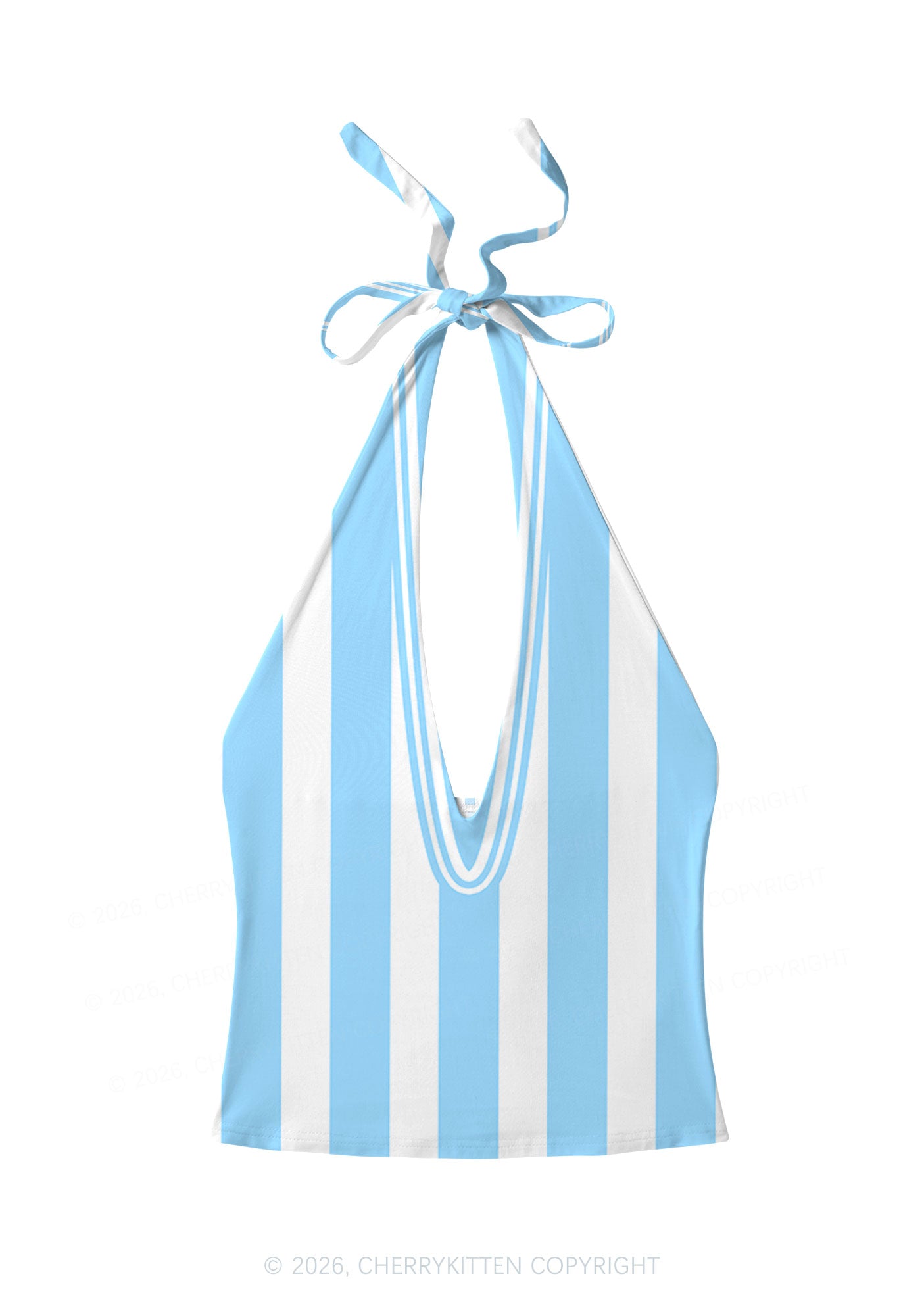 Blue White Stripes Y2K Print Halter Deep V Neck Cami Cherrykitten