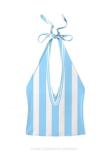 Blue White Stripes Y2K Print Halter Deep V Neck Cami Cherrykitten
