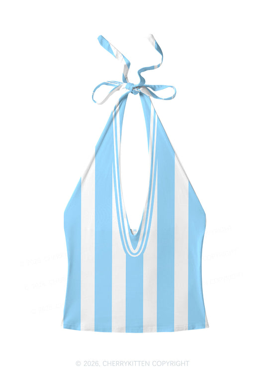 Blue White Stripes Y2K Print Halter Deep V Neck Cami Cherrykitten