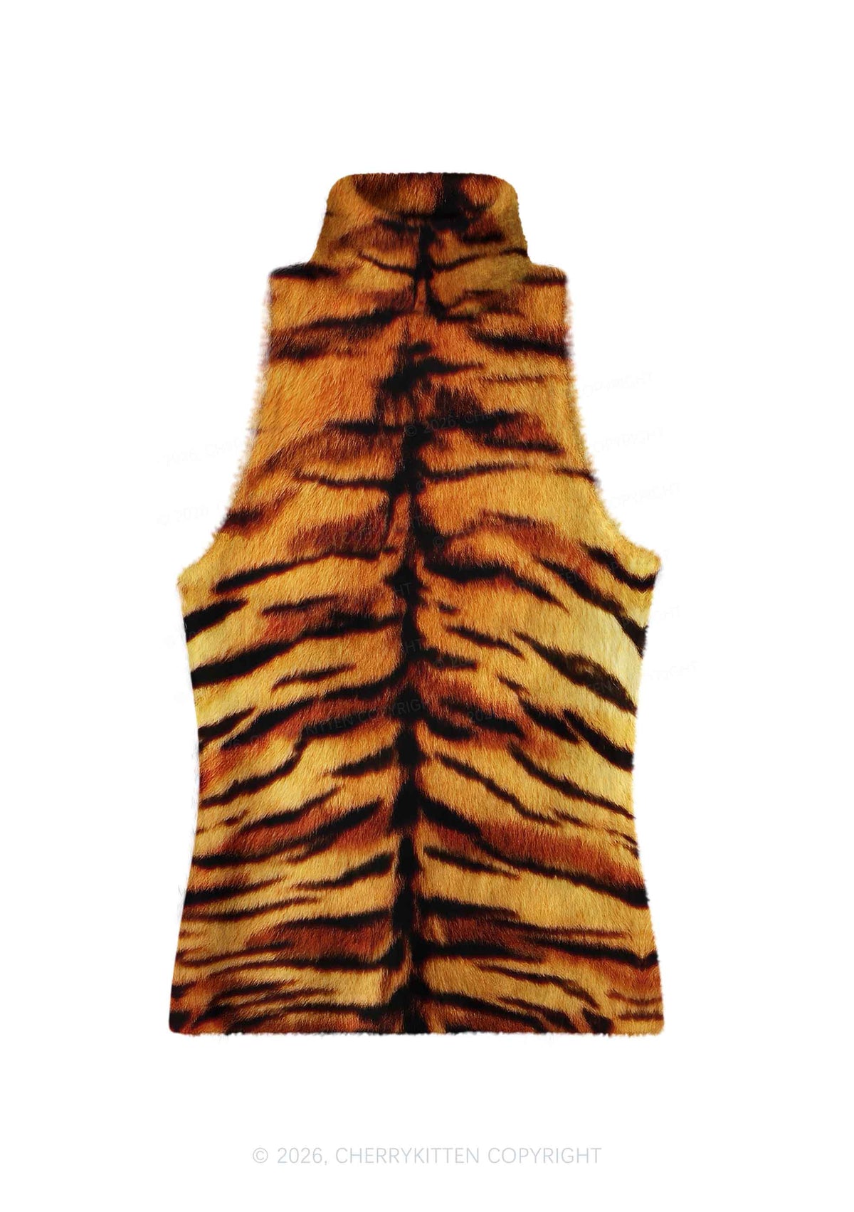 Wild Tiger Texture Y2K Knit Turtleneck Tank Top Cherrykitten