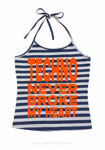 Techno Broke My Heart Y2K Navy Grey Striped Halter Neck Cami Cherrykitten