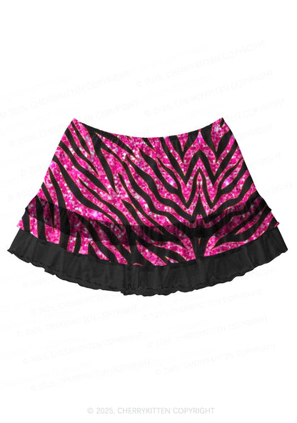 Sparkly Pink Zebra Y2K Print Mini Layered Skirt Cherrykitten