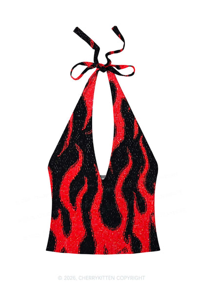 Red Flame Y2K Print Halter Deep V Neck Cami Cherrykitten