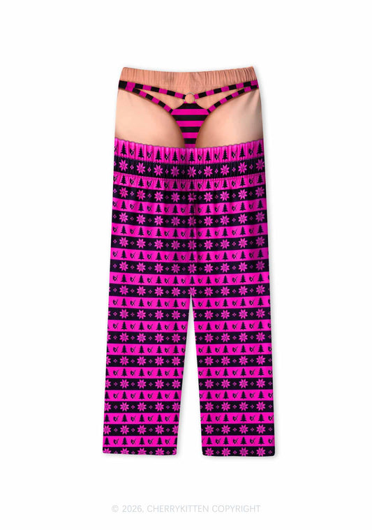 Hot Pink Snowflake Pine Tree Y2K Print Pajama Pants Cherrykitten
