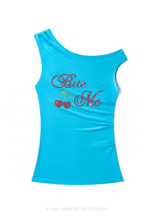 Rhinestone Red Cherry Bite Me Y2K Off Shoulder Tank Top Cherrykitten