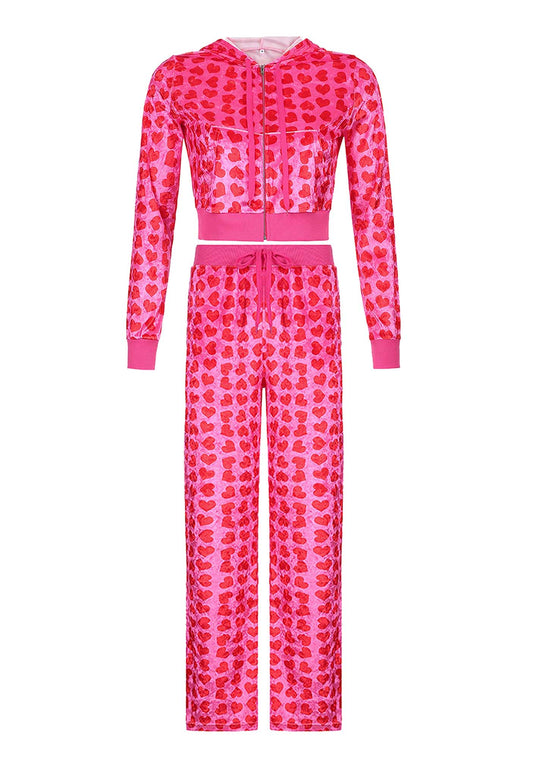 Y2K Velvet Heart Print Tracksuit Set Cherrykitten