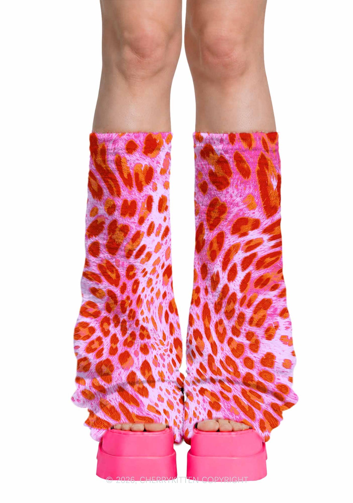 Pink And Orange Leopard Y2K Print Fuzzy Flared Leg Warmers Cherrykitten