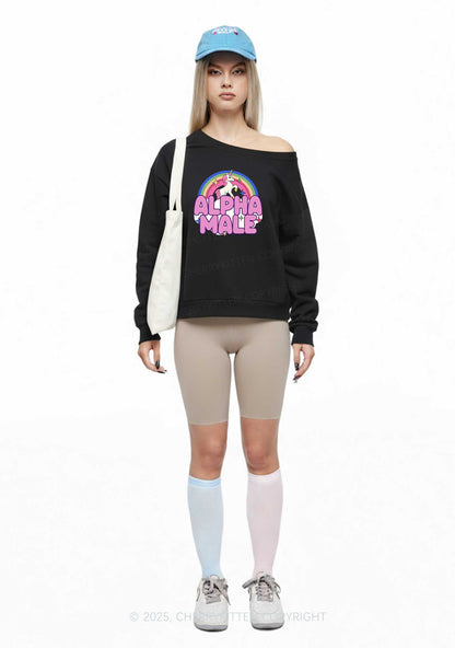 Rainbow Unicorn Alpha Male Y2K Off Shoulder Sweatshirts Cherrykitten