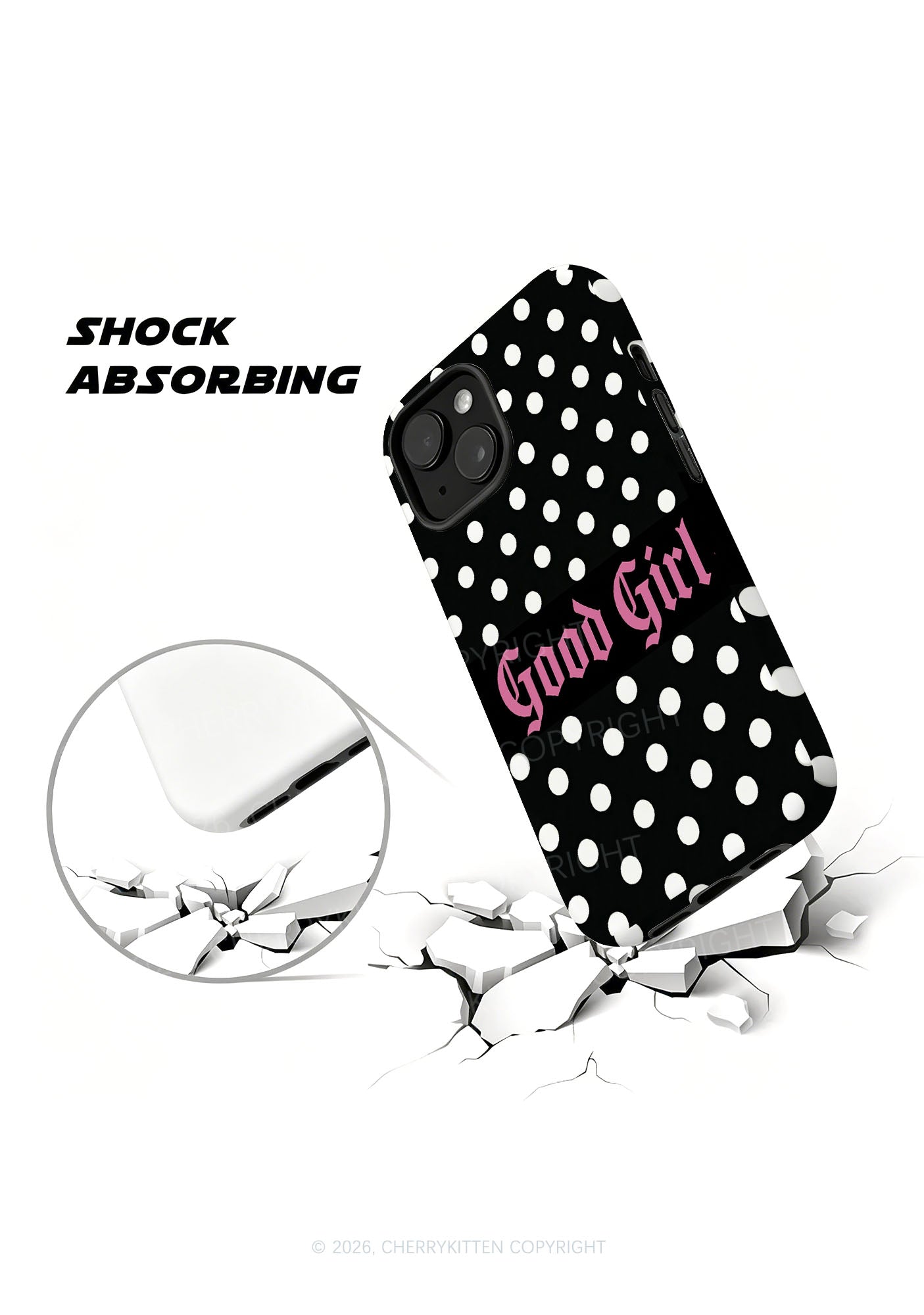 Good Girl White Dots On Black Y2K Phone Case Cherrykitten