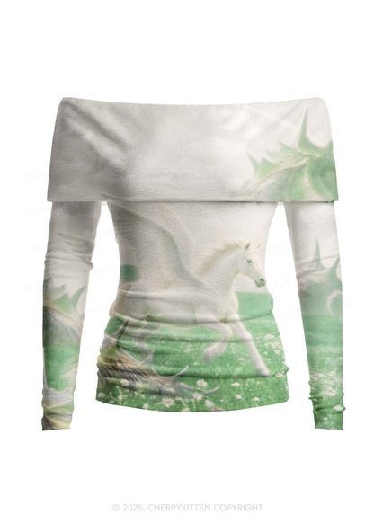 White Winged Horse On Meadow Y2K Off Shoulder Fold Over Knit Top Cherrykitten