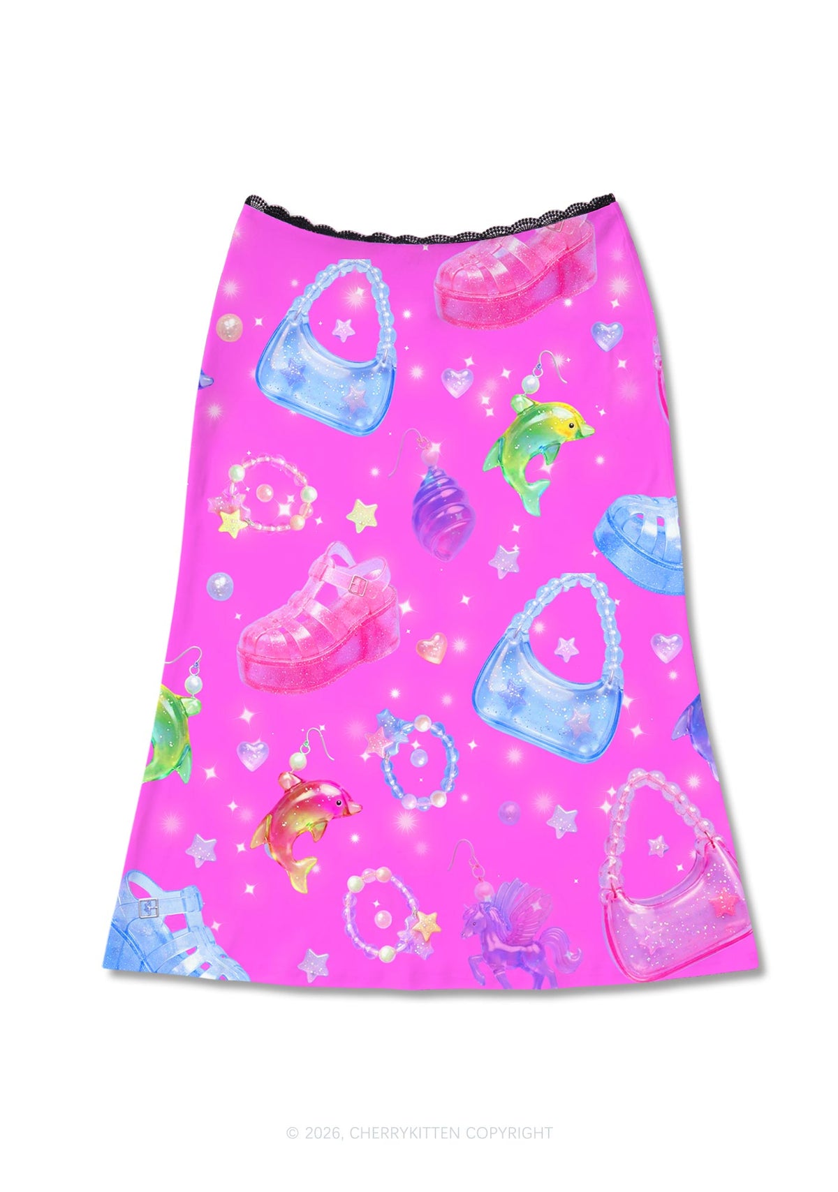 Hot Pink Jelly Charms Y2K Print Midi Skirt Cherrykitten