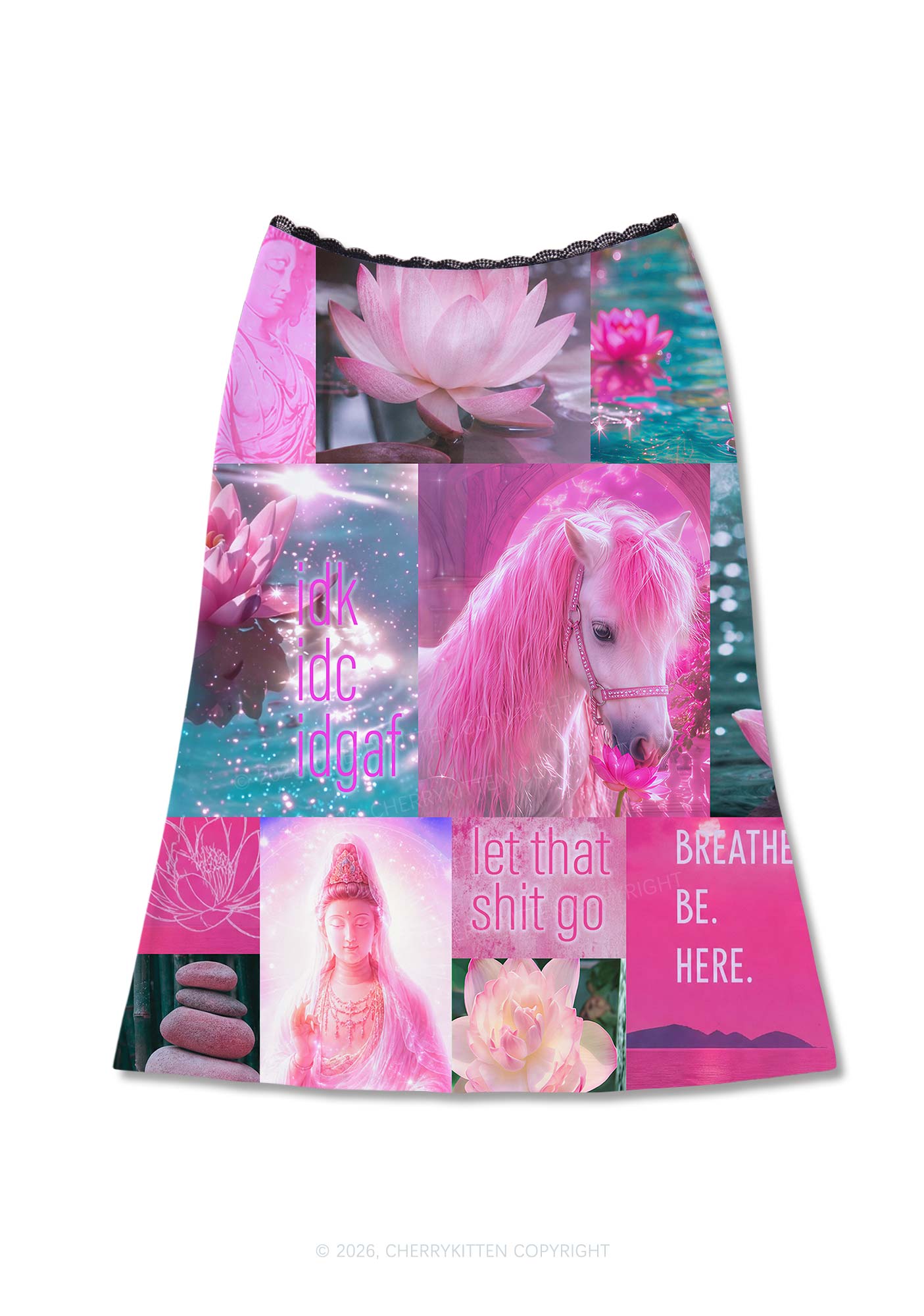 Pink Unicorn Collage Art Y2K Print Midi Skirt Cherrykitten