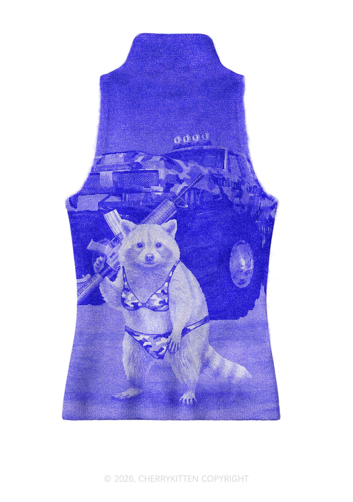 Blue Camouflage Bikini Raccoon Y2K Knit Turtleneck Tank Top Cherrykitten
