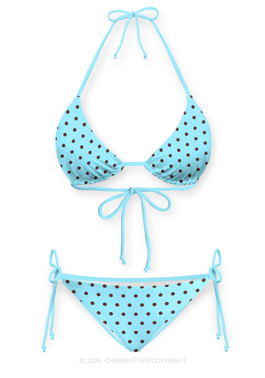 Brown Dots On Blue Y2K Print Bikini Set Cherrykitten