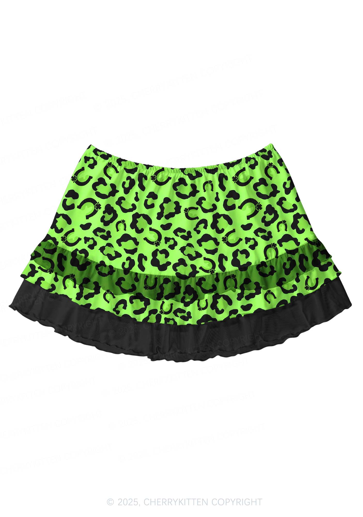 Fluorescent Green Leopard St Patricks Y2K Print Mini Layered Skirt Cherrykitten