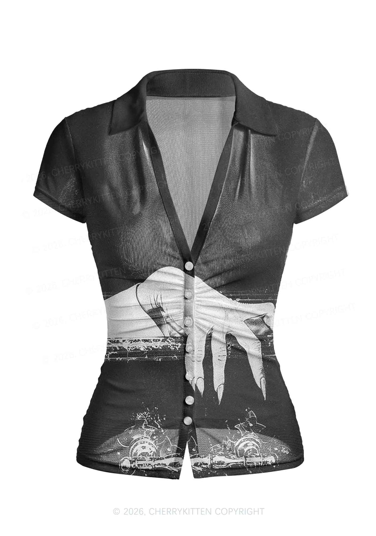 Halloween Black Vampire Claw Y2K Mesh Ruched Waist V Neck Top Cherrykitten