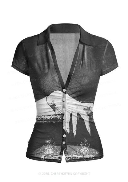 Halloween Black Vampire Claw Y2K Mesh Ruched Waist V Neck Top Cherrykitten