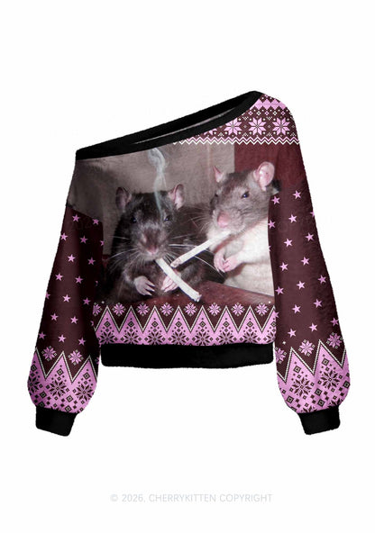Smoking Rats Y2K Off Shoulder Knit Sweatshirt Cherrykitten