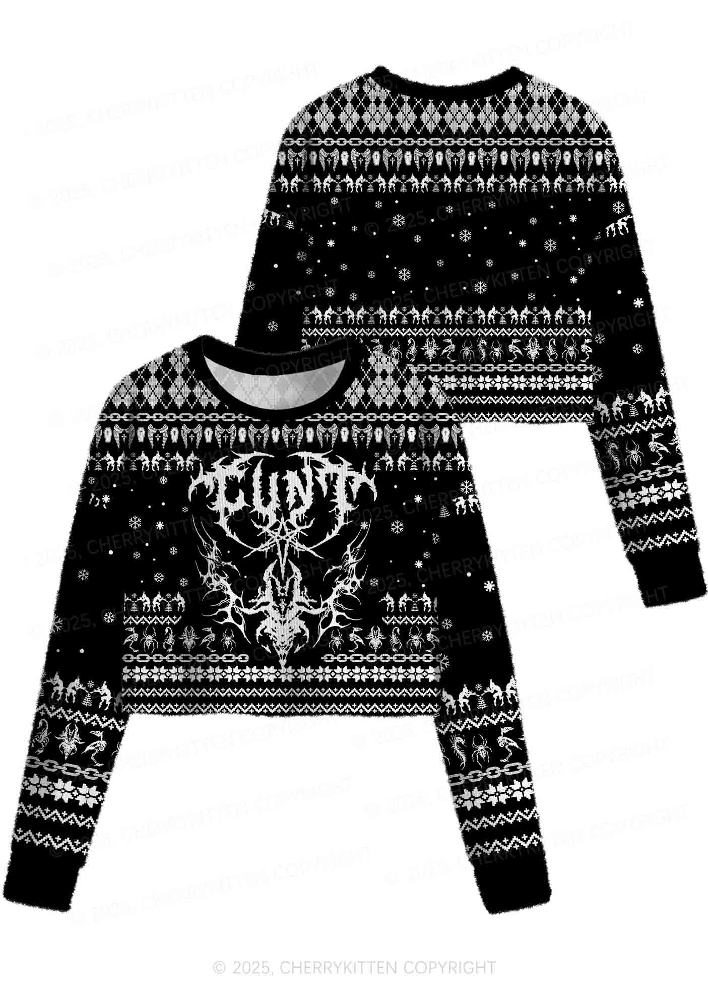 Black Punk Cxxt Y2K Christmas Crop Knit Sweatshirt Cherrykitten