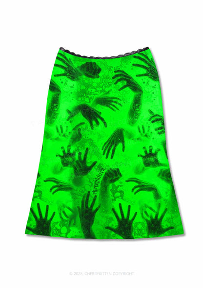 Halloween Green Hands Frenzy Y2K Print Midi Skirt Cherrykitten