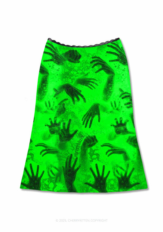 Halloween Green Hands Frenzy Y2K Print Midi Skirt Cherrykitten