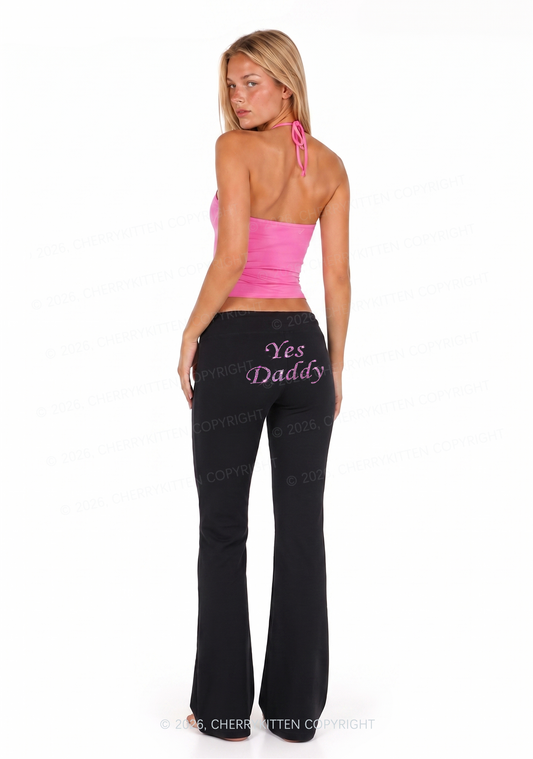 Rhinestone Yes Daddy Y2K Low Rise Drawstring Flare Pants Cherrykitten