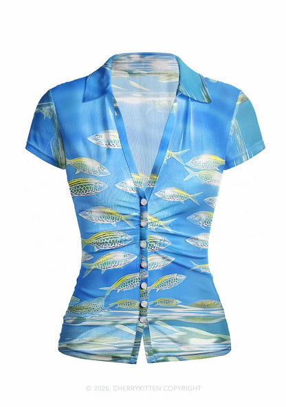 Undersea Fish Y2K Mesh Ruched  Waist  V Neck Top Cherrykitten