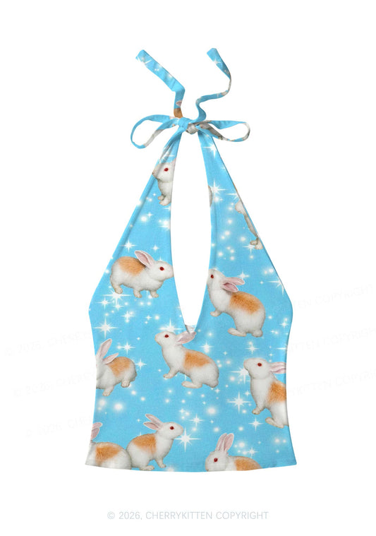 Orange Spotted Bunny Y2K Print Halter Deep V Neck Cami Cherrykitten