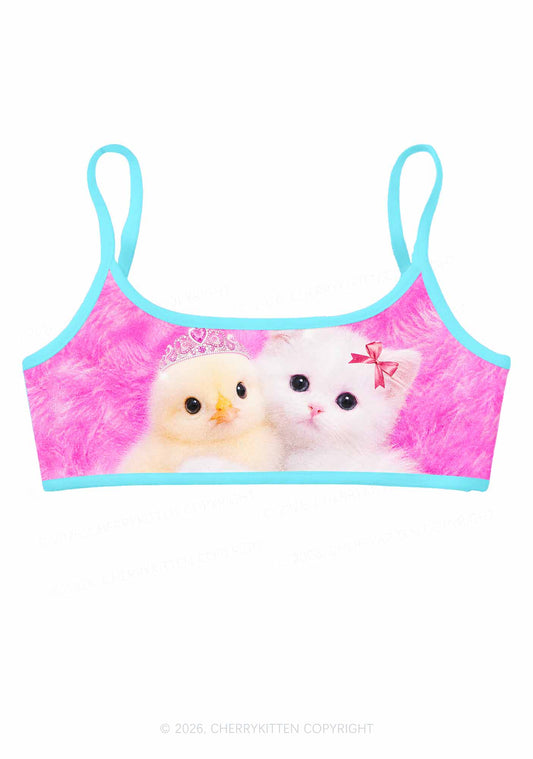 Kitten Hugging Chick Y2K Print Super Crop Cami Cherrykitten