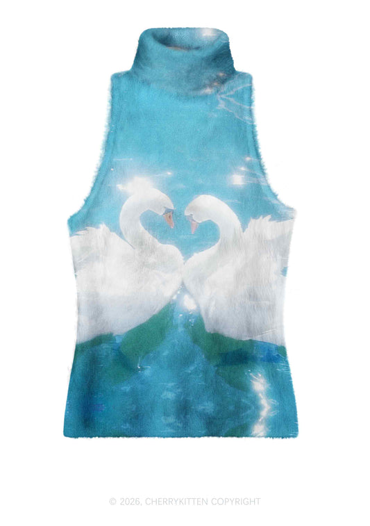 Swan Lovers Y2K Knit Turtleneck Tank Top Cherrykitten