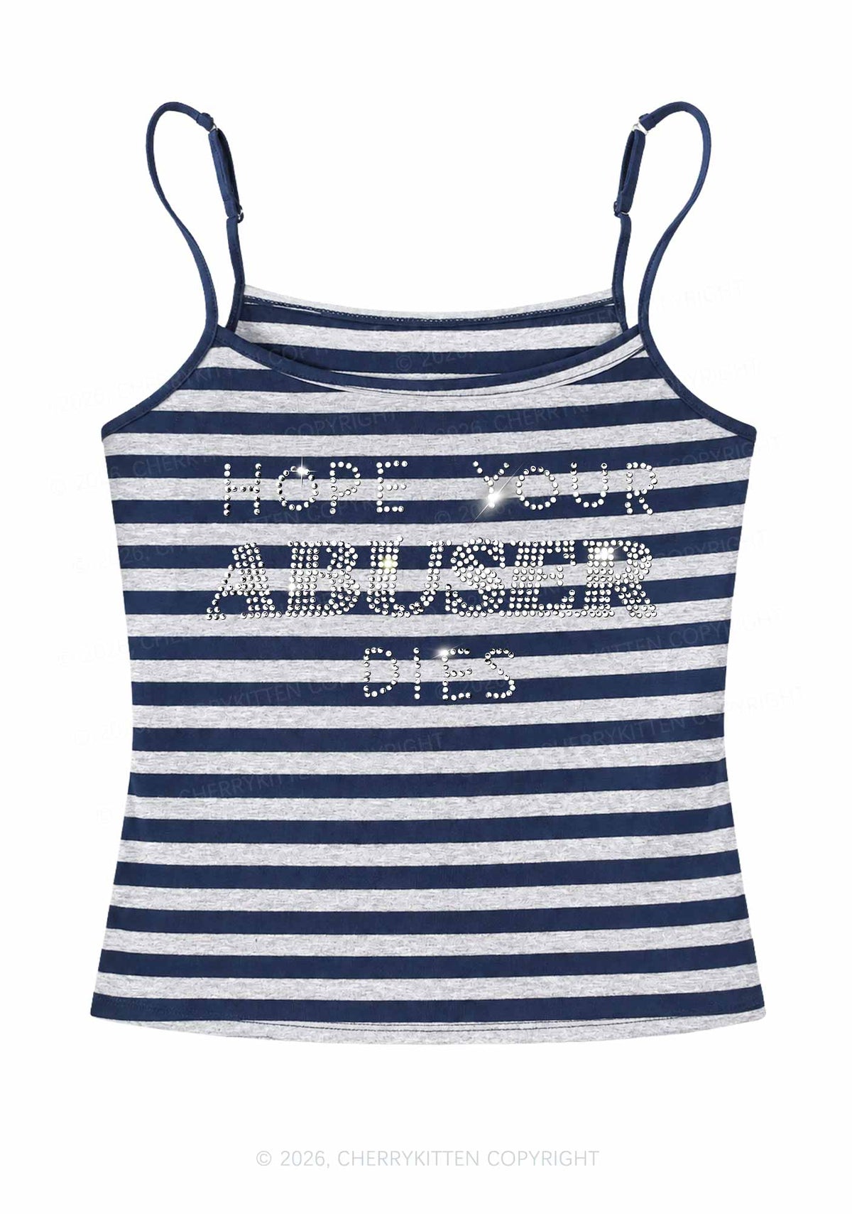 Rhinestone Abuser Dies Y2K Navy Grey Striped Spaghetti Strap Cami Cherrykitten