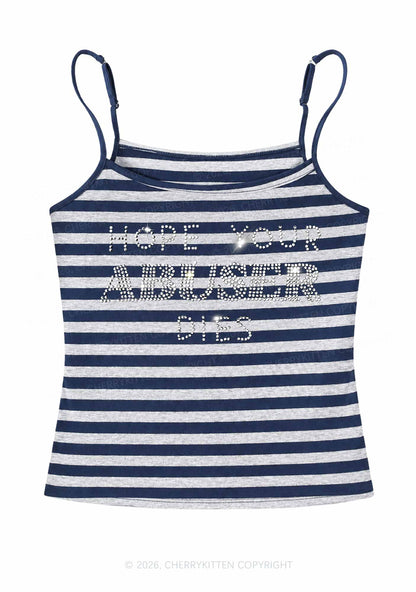 Rhinestone Abuser Dies Y2K Navy Grey Striped Spaghetti Strap Cami Cherrykitten