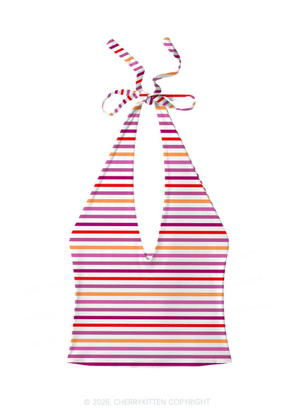 Lesbian Stripes Pride Y2K Print Halter Deep V Neck Cami Cherrykitten