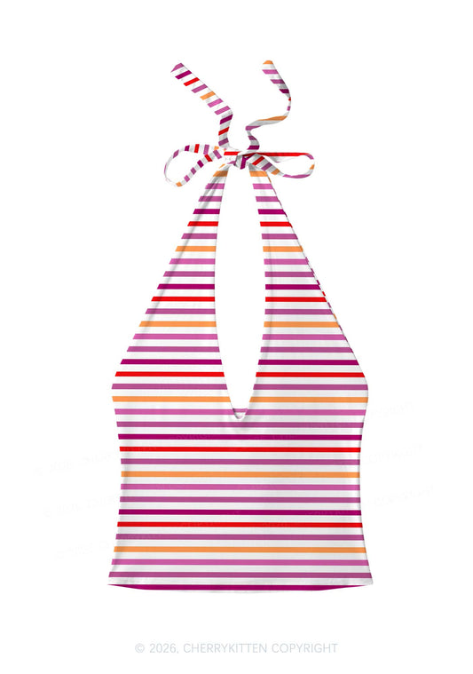 Lesbian Stripes Pride Y2K Print Halter Deep V Neck Cami Cherrykitten