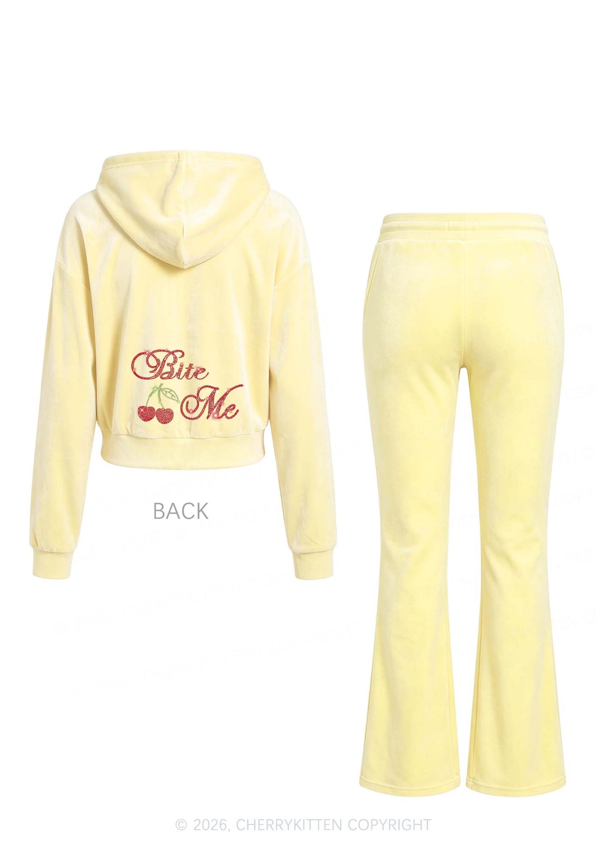 Rhinestone Red Cherry Bite Me Y2K Velvet Tracksuit Set Cherrykitten