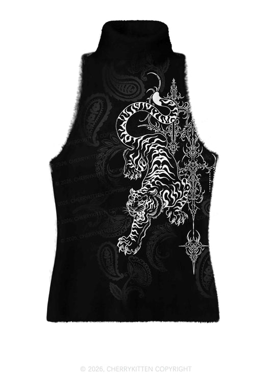 Halloween White Tiger On Black Y2K Knit Turtleneck Tank Top Cherrykitten